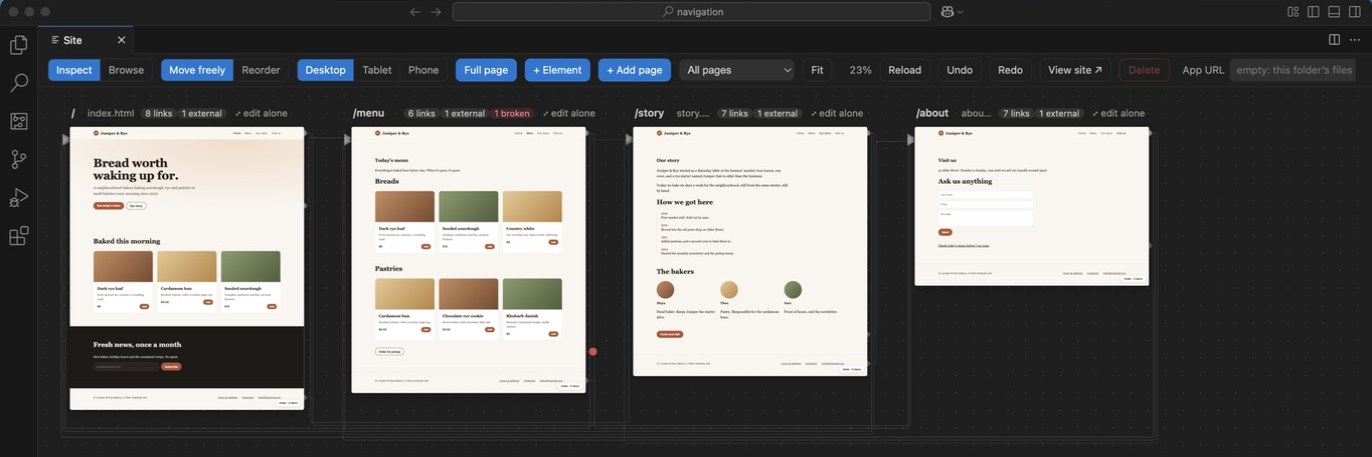 The Vibez Site canvas showing four pages of a bakery website side by side, with lines connecting links to the pages they open